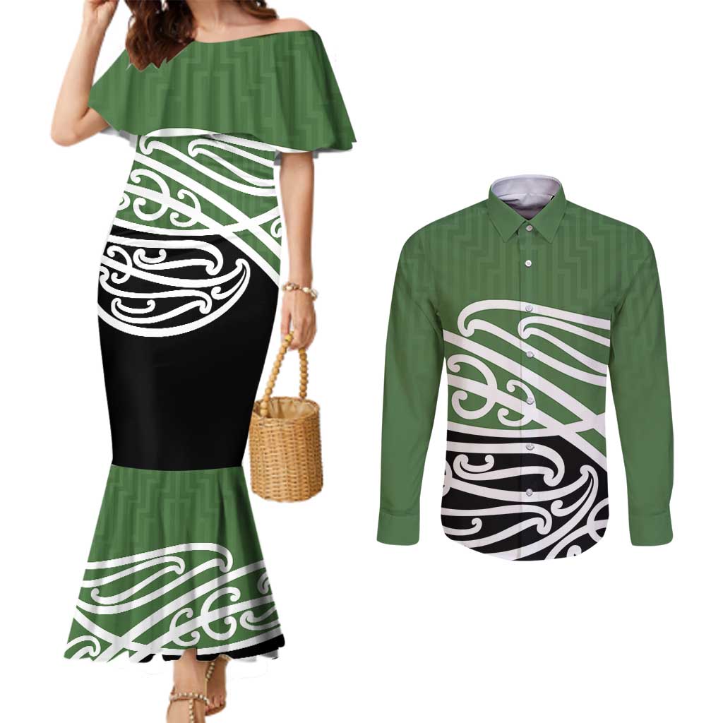 Green Fern New Zealand Kowhai Ngutukak Couples Matching Mermaid Dress and Long Sleeve Button Shirt - Polynesian Pride