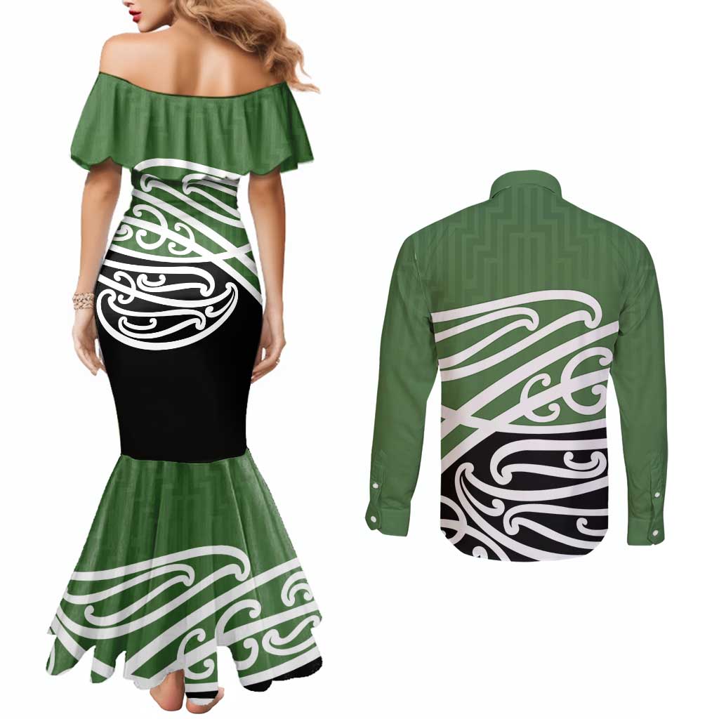 Green Fern New Zealand Kowhai Ngutukak Couples Matching Mermaid Dress and Long Sleeve Button Shirt - Polynesian Pride