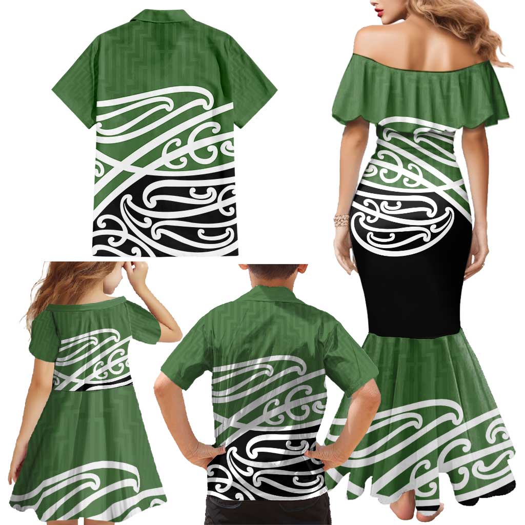 Green Fern New Zealand Kowhai Ngutukak Family Matching Mermaid Dress and Hawaiian Shirt - Polynesian Pride