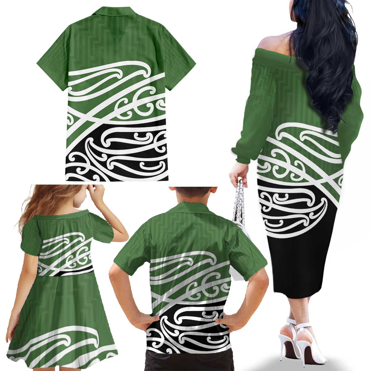 Green Fern New Zealand Kowhai Ngutukak Family Matching Off The Shoulder Long Sleeve Dress and Hawaiian Shirt - Polynesian Pride