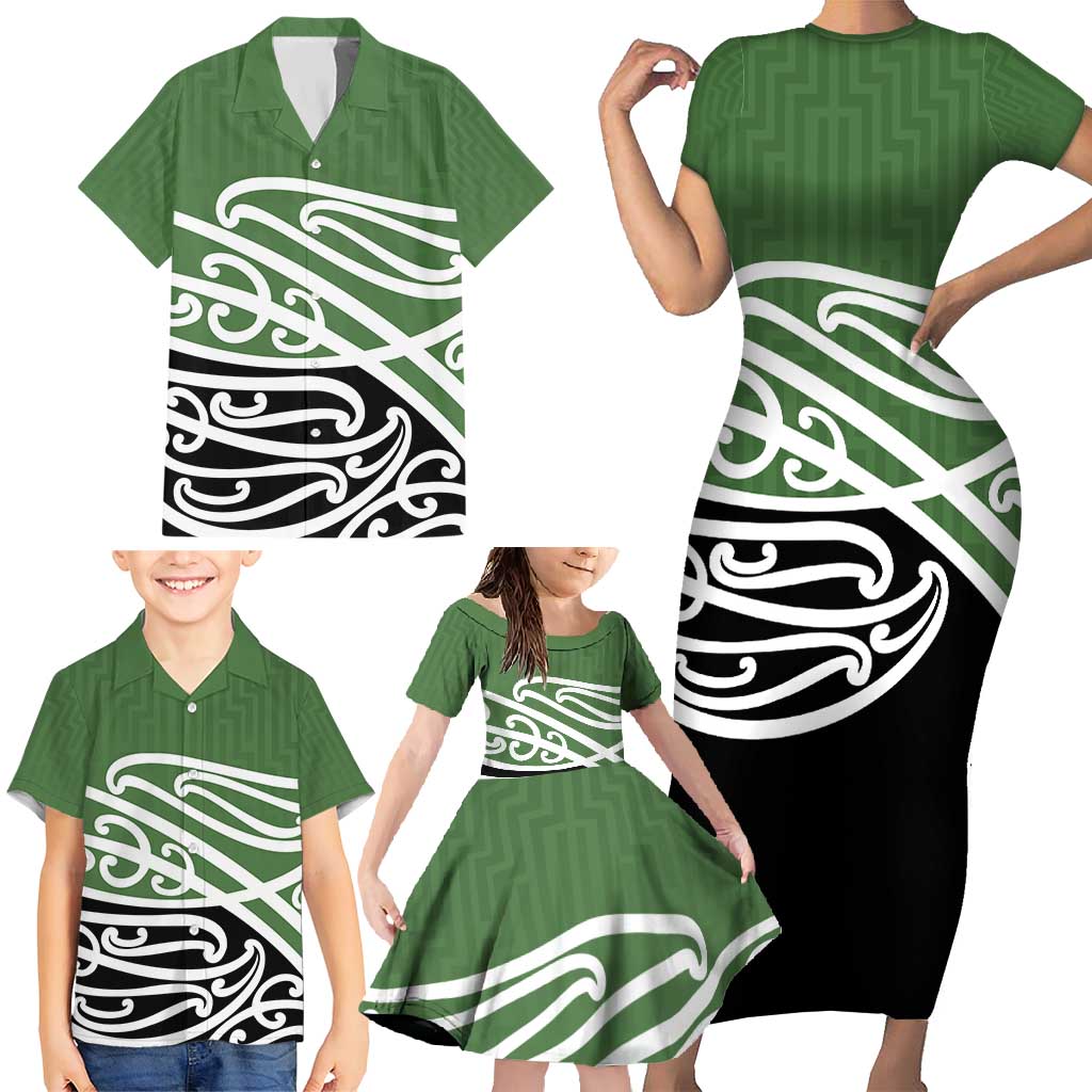 Green Fern New Zealand Kowhai Ngutukak Family Matching Short Sleeve Bodycon Dress and Hawaiian Shirt - Polynesian Pride