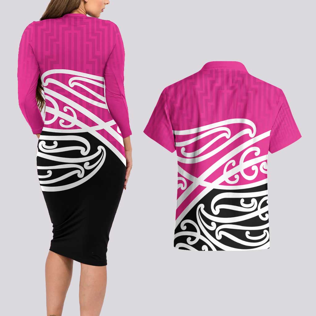 All Pink New Zealand Kowhai Ngutukak Couples Matching Long Sleeve Bodycon Dress and Hawaiian Shirt - Polynesian Pride