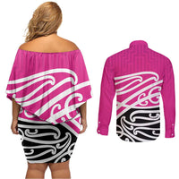 All Pink New Zealand Kowhai Ngutukak Couples Matching Off Shoulder Short Dress and Long Sleeve Button Shirt - Polynesian Pride