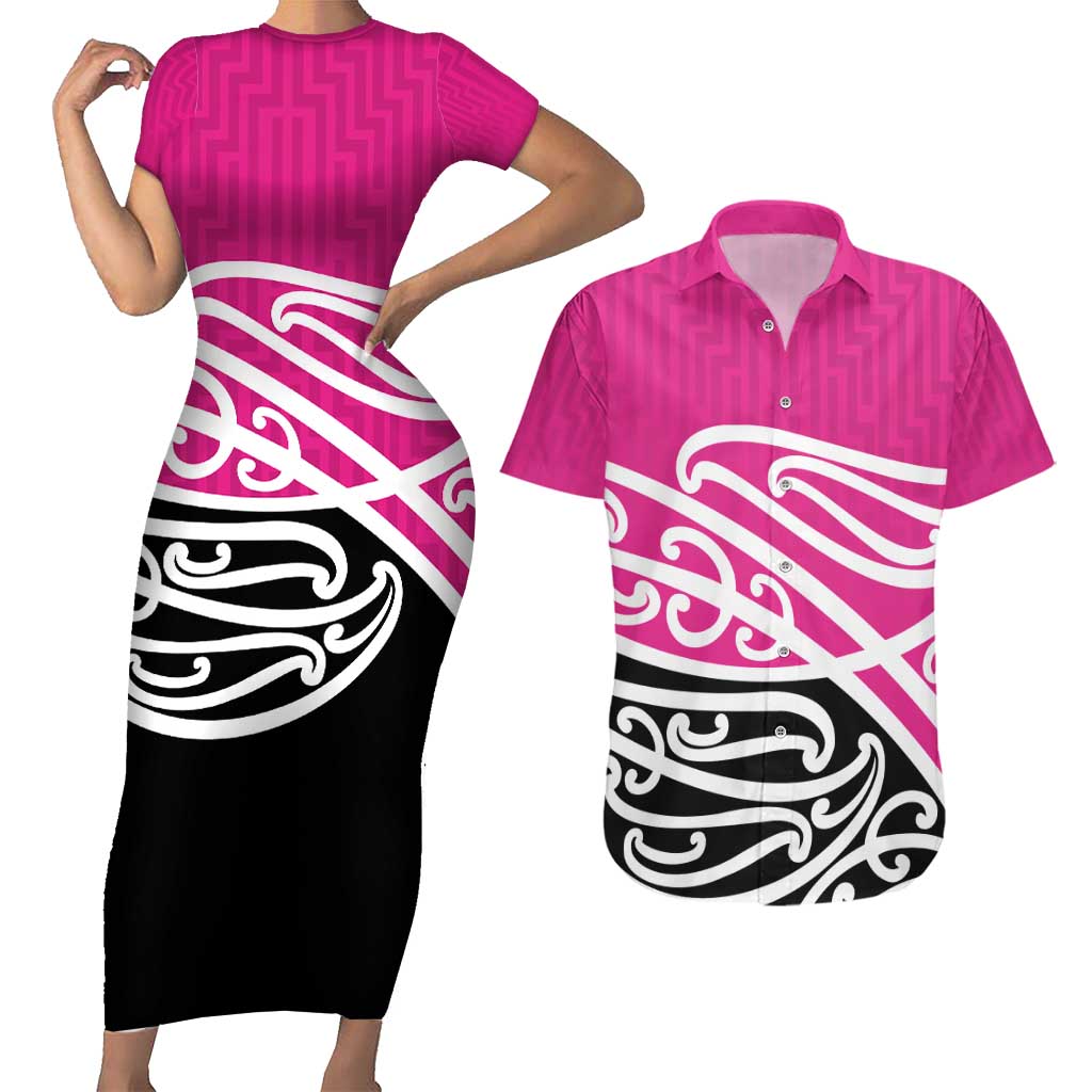 All Pink New Zealand Kowhai Ngutukak Couples Matching Short Sleeve Bodycon Dress and Hawaiian Shirt - Polynesian Pride
