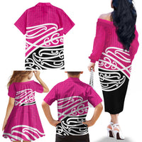 All Pink New Zealand Kowhai Ngutukak Family Matching Off The Shoulder Long Sleeve Dress and Hawaiian Shirt - Polynesian Pride