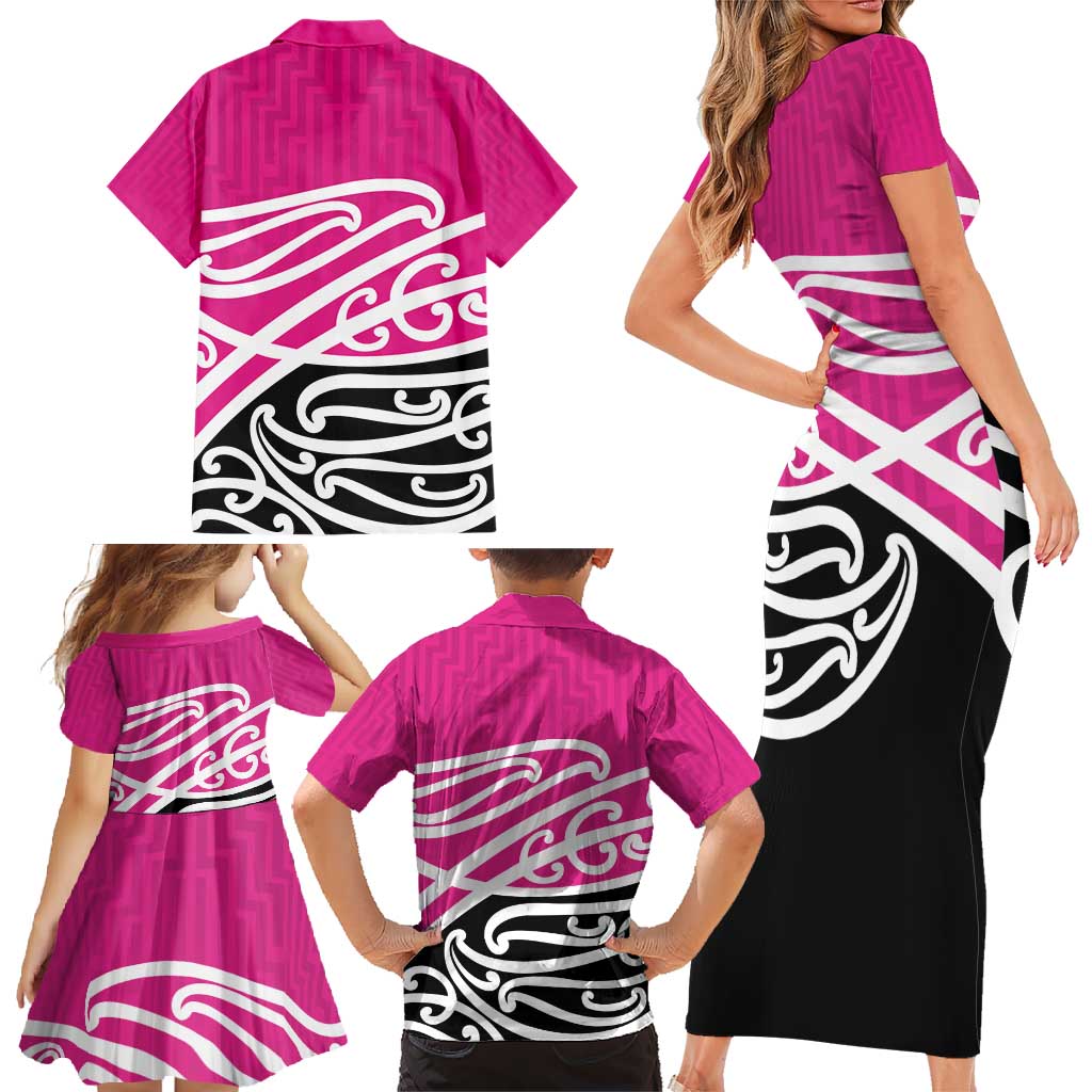 All Pink New Zealand Kowhai Ngutukak Family Matching Short Sleeve Bodycon Dress and Hawaiian Shirt - Polynesian Pride