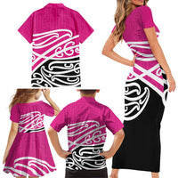 All Pink New Zealand Kowhai Ngutukak Family Matching Short Sleeve Bodycon Dress and Hawaiian Shirt - Polynesian Pride