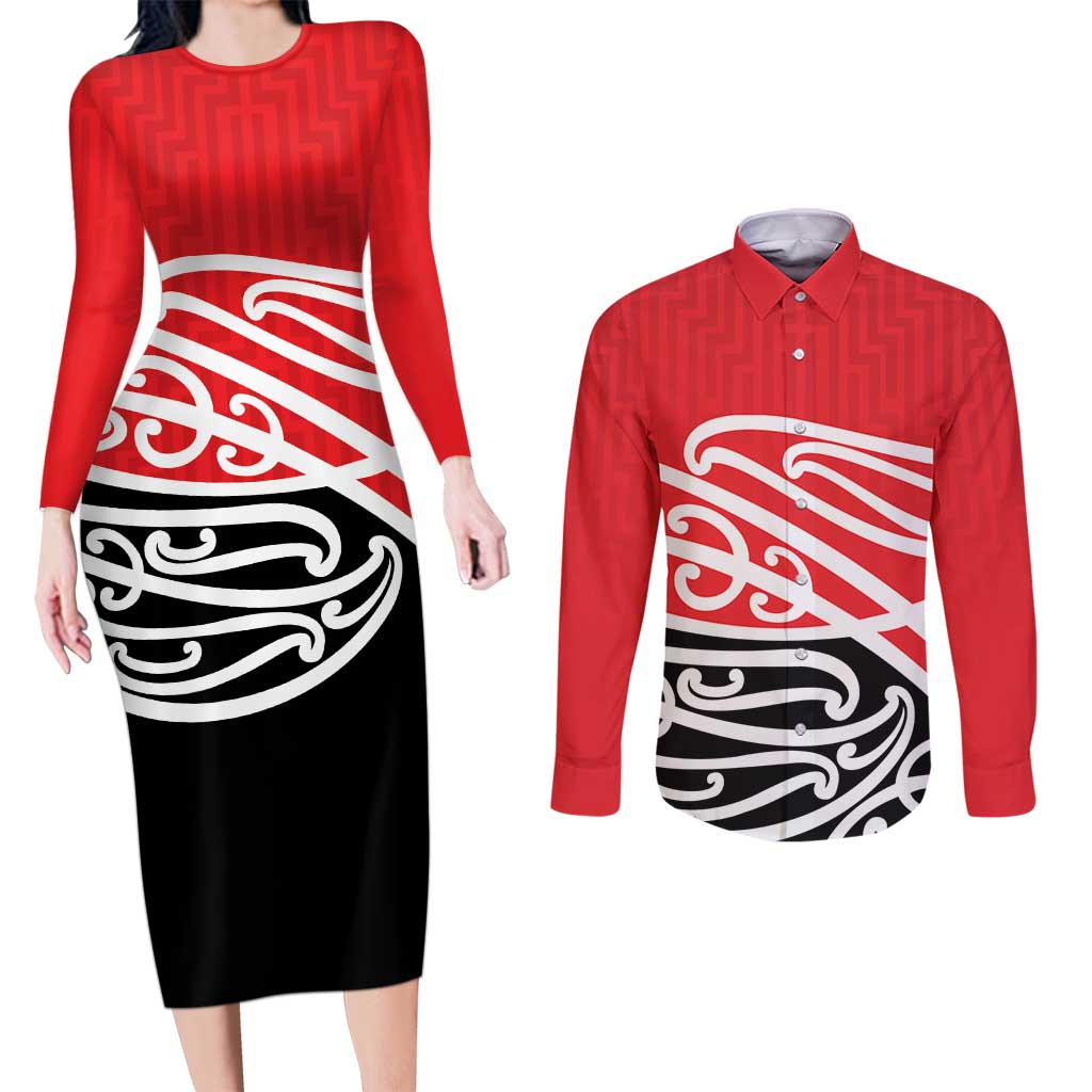 All Red New Zealand Kowhai Ngutukak Couples Matching Long Sleeve Bodycon Dress and Long Sleeve Button Shirt - Polynesian Pride