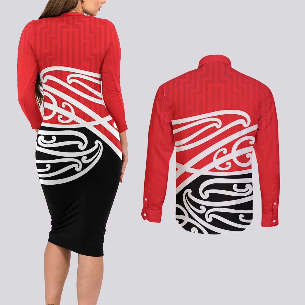 All Red New Zealand Kowhai Ngutukak Couples Matching Long Sleeve Bodycon Dress and Long Sleeve Button Shirt - Polynesian Pride