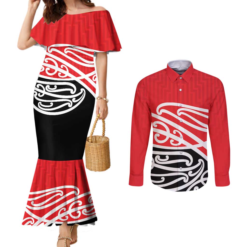All Red New Zealand Kowhai Ngutukak Couples Matching Mermaid Dress and Long Sleeve Button Shirt - Polynesian Pride