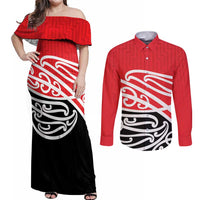 All Red New Zealand Kowhai Ngutukak Couples Matching Off Shoulder Maxi Dress and Long Sleeve Button Shirt - Polynesian Pride