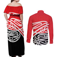 All Red New Zealand Kowhai Ngutukak Couples Matching Off Shoulder Maxi Dress and Long Sleeve Button Shirt - Polynesian Pride