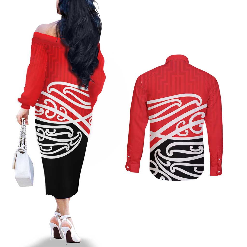 All Red New Zealand Kowhai Ngutukak Couples Matching Off The Shoulder Long Sleeve Dress and Long Sleeve Button Shirt - Polynesian Pride