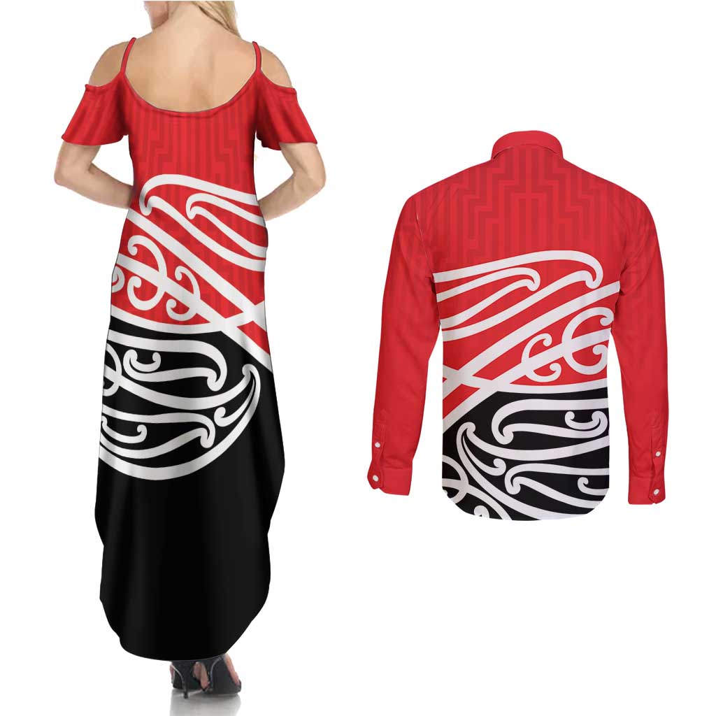 All Red New Zealand Kowhai Ngutukak Couples Matching Summer Maxi Dress and Long Sleeve Button Shirt - Polynesian Pride