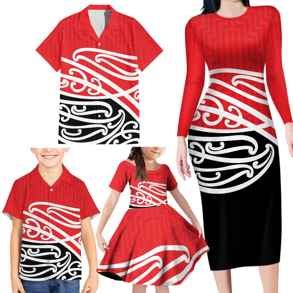 All Red New Zealand Kowhai Ngutukak Family Matching Long Sleeve Bodycon Dress and Hawaiian Shirt - Polynesian Pride