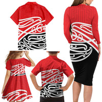 All Red New Zealand Kowhai Ngutukak Family Matching Long Sleeve Bodycon Dress and Hawaiian Shirt - Polynesian Pride