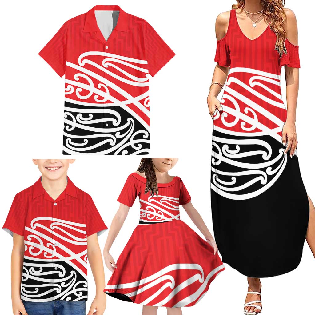 All Red New Zealand Kowhai Ngutukak Family Matching Summer Maxi Dress and Hawaiian Shirt - Polynesian Pride