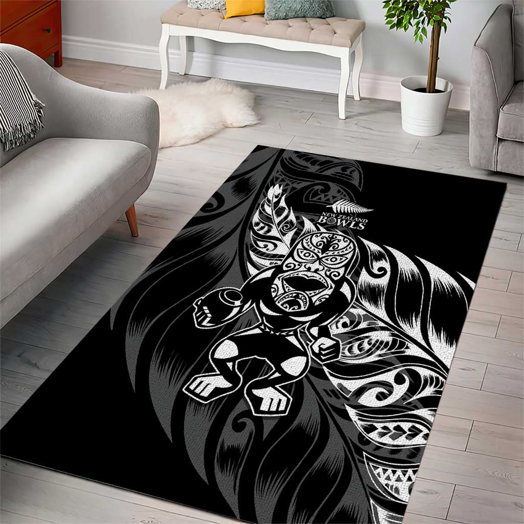 New Zealand Lawn Bowls Area Rug Black Maori Warrior Tribal Silver Fern - Polynesian Pride