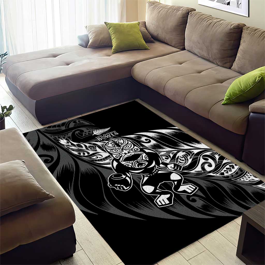 New Zealand Lawn Bowls Area Rug Black Maori Warrior Tribal Silver Fern - Polynesian Pride
