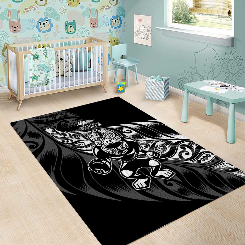 New Zealand Lawn Bowls Area Rug Black Maori Warrior Tribal Silver Fern - Polynesian Pride