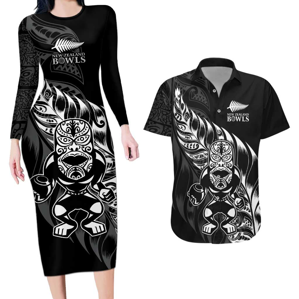 New Zealand Lawn Bowls Custom Couples Matching Long Sleeve Bodycon Dress and Hawaiian Shirt Black Maori Warrior Tribal Silver Fern LT9 Black - Polynesian Pride