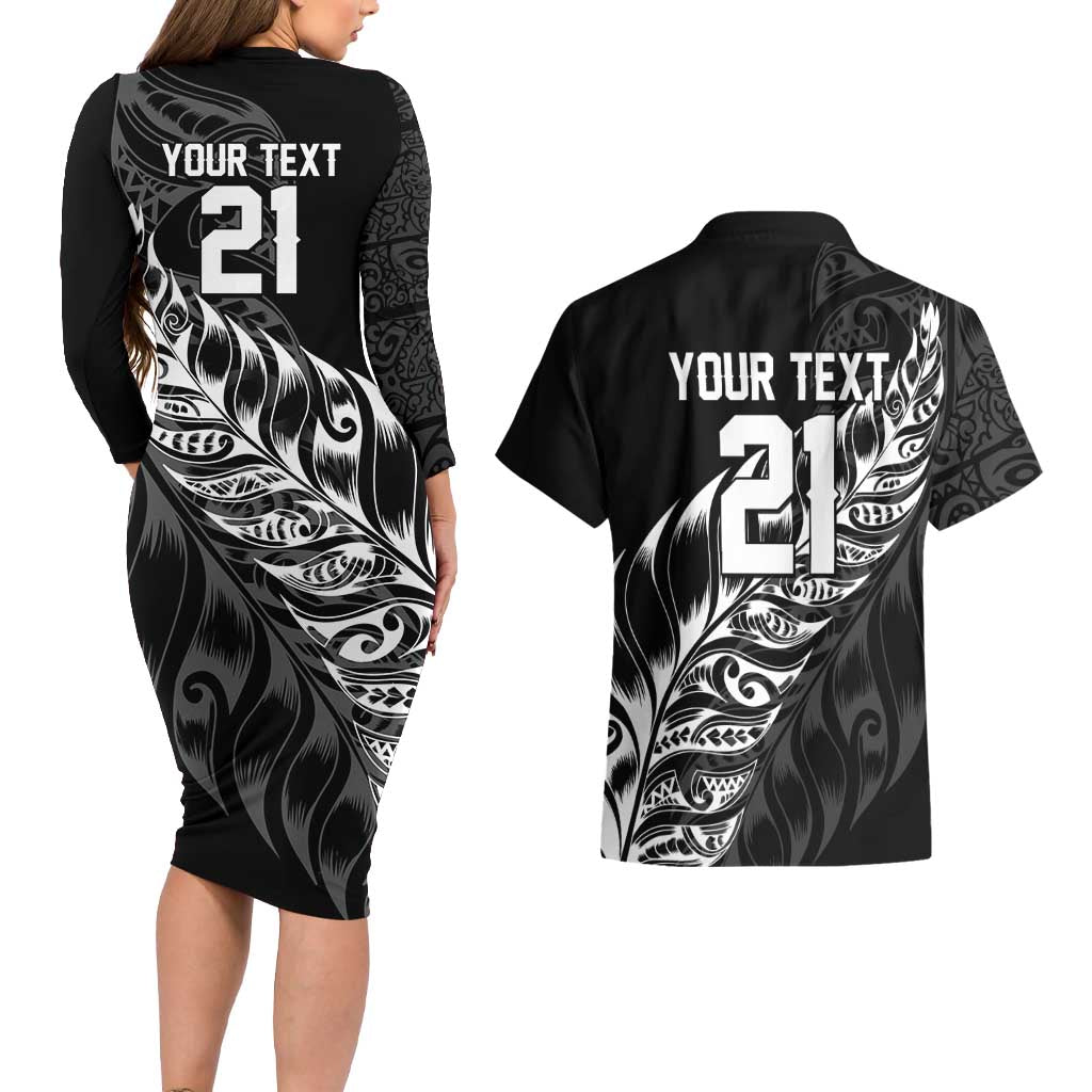 New Zealand Lawn Bowls Custom Couples Matching Long Sleeve Bodycon Dress and Hawaiian Shirt Black Maori Warrior Tribal Silver Fern LT9 - Polynesian Pride