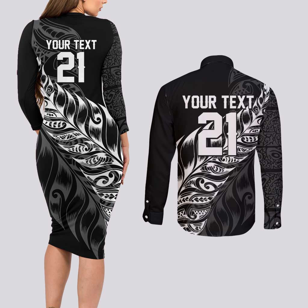 New Zealand Lawn Bowls Custom Couples Matching Long Sleeve Bodycon Dress and Long Sleeve Button Shirt Black Maori Warrior Tribal Silver Fern LT9 - Polynesian Pride