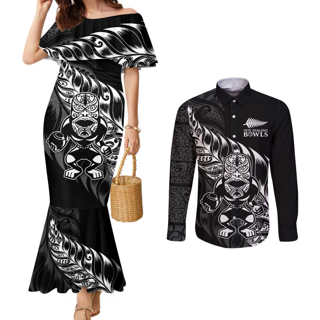 New Zealand Lawn Bowls Custom Couples Matching Mermaid Dress and Long Sleeve Button Shirt Black Maori Warrior Tribal Silver Fern - Polynesian Pride