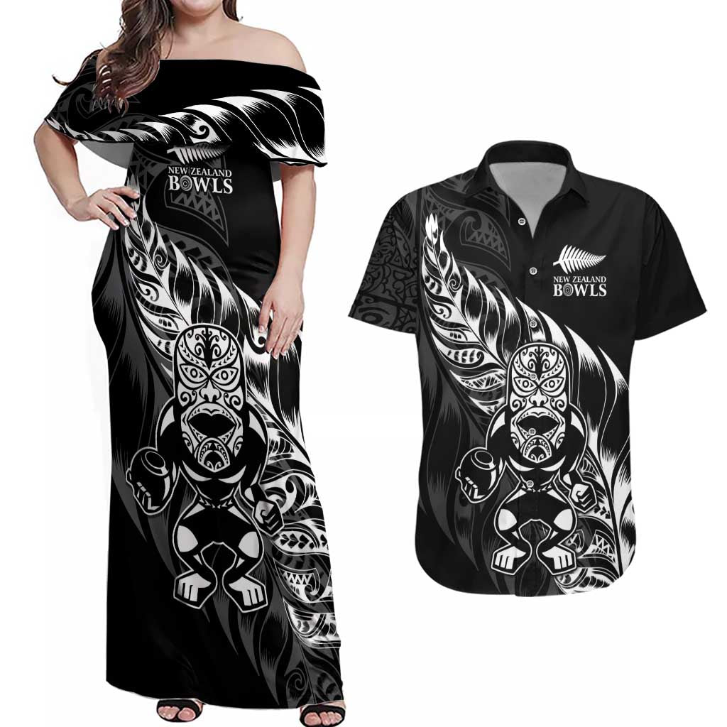 New Zealand Lawn Bowls Custom Couples Matching Off Shoulder Maxi Dress and Hawaiian Shirt Black Maori Warrior Tribal Silver Fern LT9 Black - Polynesian Pride