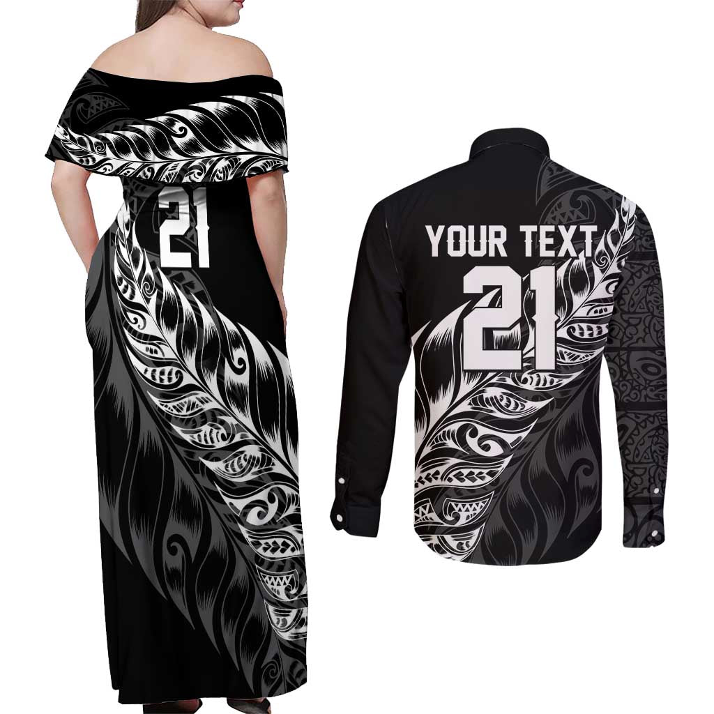 New Zealand Lawn Bowls Custom Couples Matching Off Shoulder Maxi Dress and Long Sleeve Button Shirt Black Maori Warrior Tribal Silver Fern LT9 - Polynesian Pride