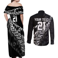 New Zealand Lawn Bowls Custom Couples Matching Off Shoulder Maxi Dress and Long Sleeve Button Shirt Black Maori Warrior Tribal Silver Fern LT9 - Polynesian Pride