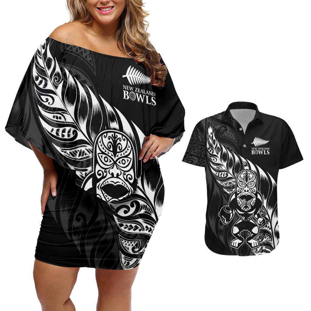 New Zealand Lawn Bowls Custom Couples Matching Off Shoulder Short Dress and Hawaiian Shirt Black Maori Warrior Tribal Silver Fern LT9 Black - Polynesian Pride