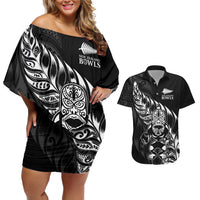 New Zealand Lawn Bowls Custom Couples Matching Off Shoulder Short Dress and Hawaiian Shirt Black Maori Warrior Tribal Silver Fern LT9 Black - Polynesian Pride