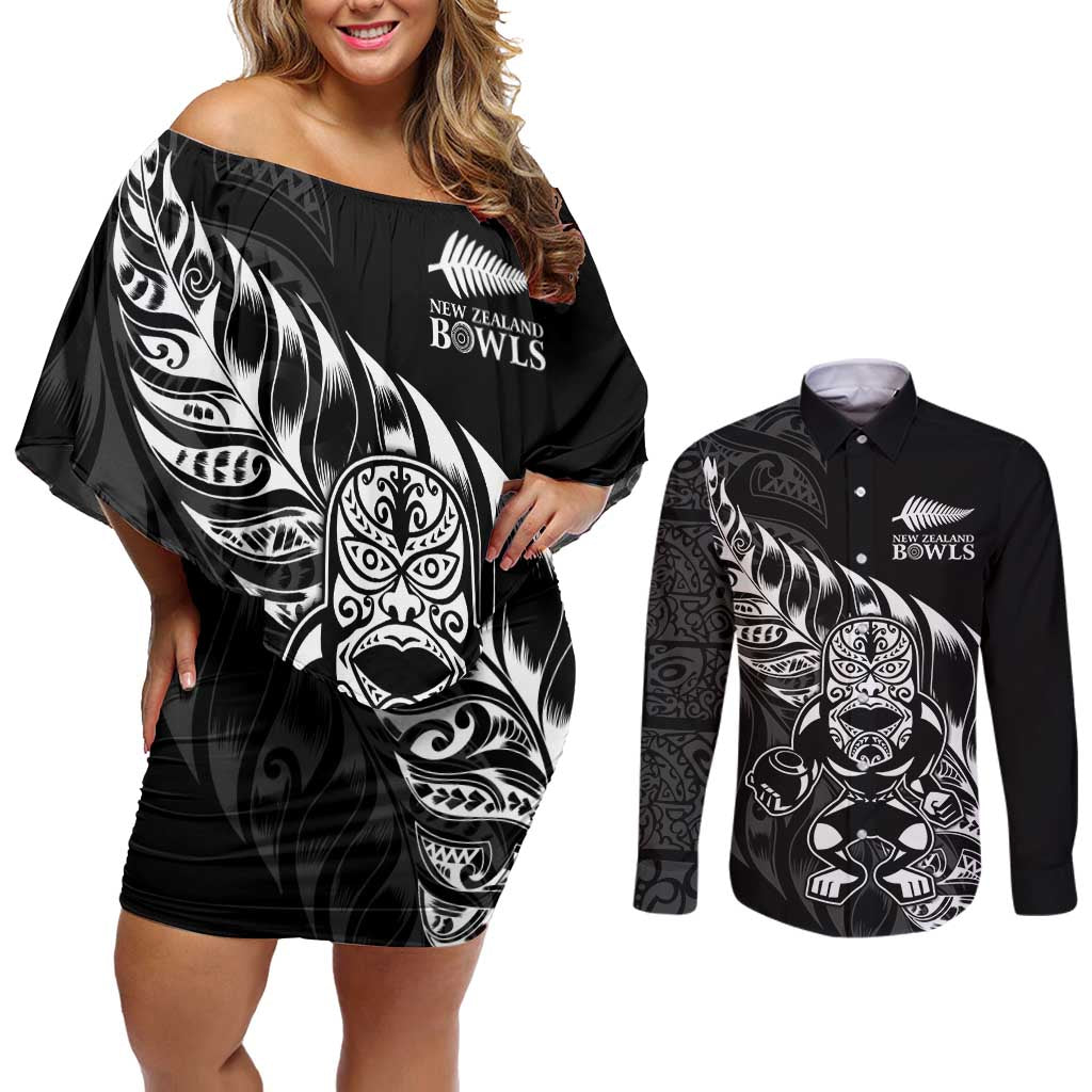 New Zealand Lawn Bowls Custom Couples Matching Off Shoulder Short Dress and Long Sleeve Button Shirt Black Maori Warrior Tribal Silver Fern LT9 Black - Polynesian Pride