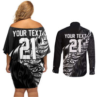 New Zealand Lawn Bowls Custom Couples Matching Off Shoulder Short Dress and Long Sleeve Button Shirt Black Maori Warrior Tribal Silver Fern LT9 - Polynesian Pride