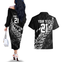 New Zealand Lawn Bowls Custom Couples Matching Off The Shoulder Long Sleeve Dress and Hawaiian Shirt Black Maori Warrior Tribal Silver Fern LT9 - Polynesian Pride