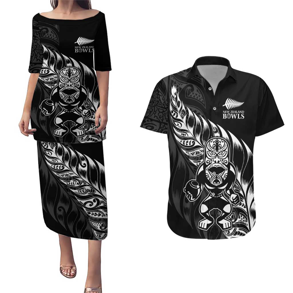 New Zealand Lawn Bowls Custom Couples Matching Puletasi and Hawaiian Shirt Black Maori Warrior Tribal Silver Fern LT9 Black - Polynesian Pride