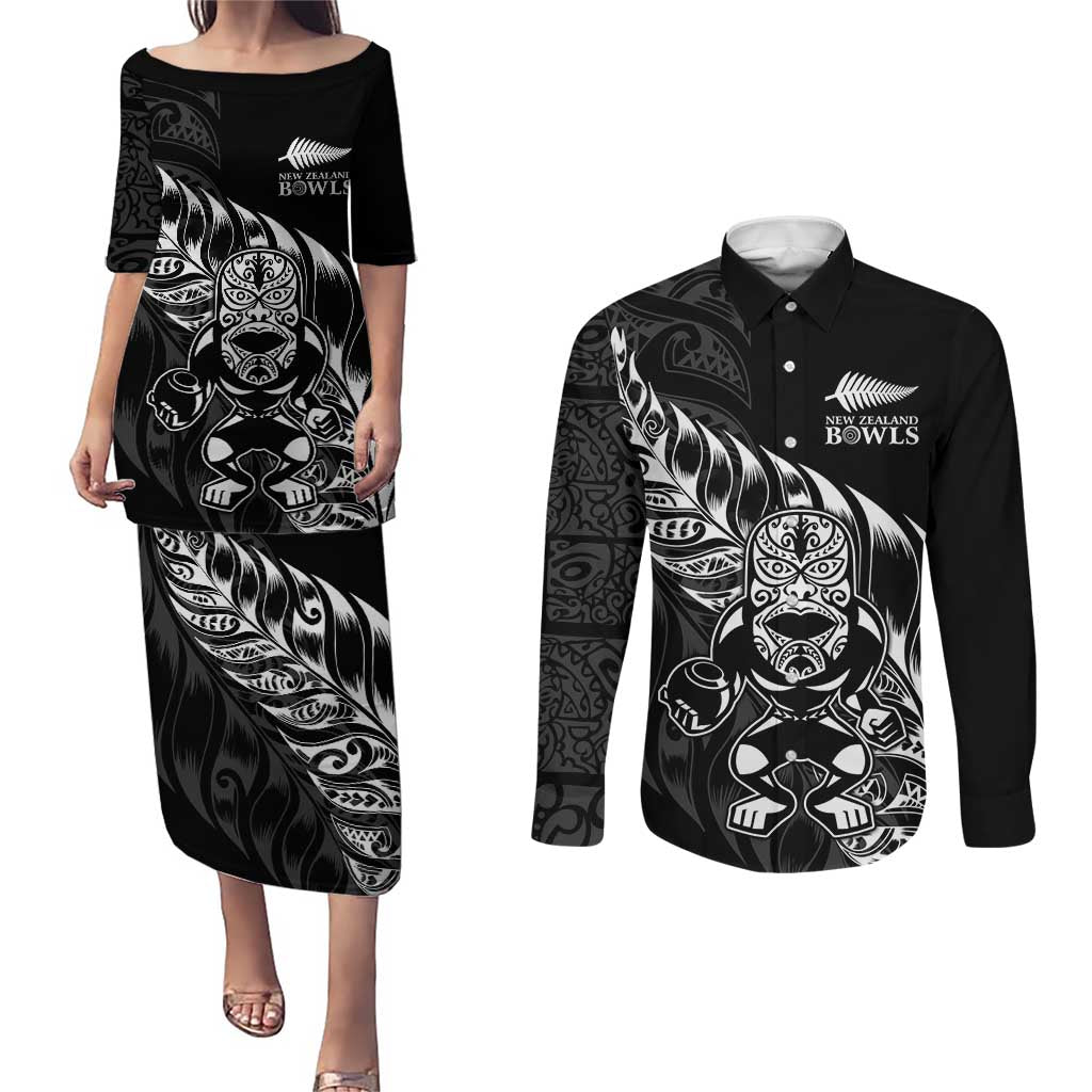 New Zealand Lawn Bowls Custom Couples Matching Puletasi and Long Sleeve Button Shirt Black Maori Warrior Tribal Silver Fern LT9 Black - Polynesian Pride
