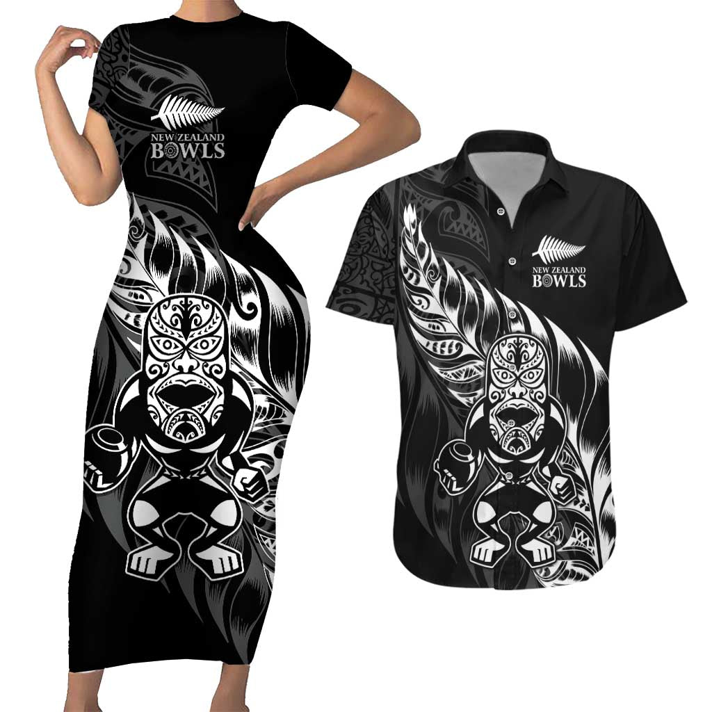 New Zealand Lawn Bowls Custom Couples Matching Short Sleeve Bodycon Dress and Hawaiian Shirt Black Maori Warrior Tribal Silver Fern LT9 Black - Polynesian Pride