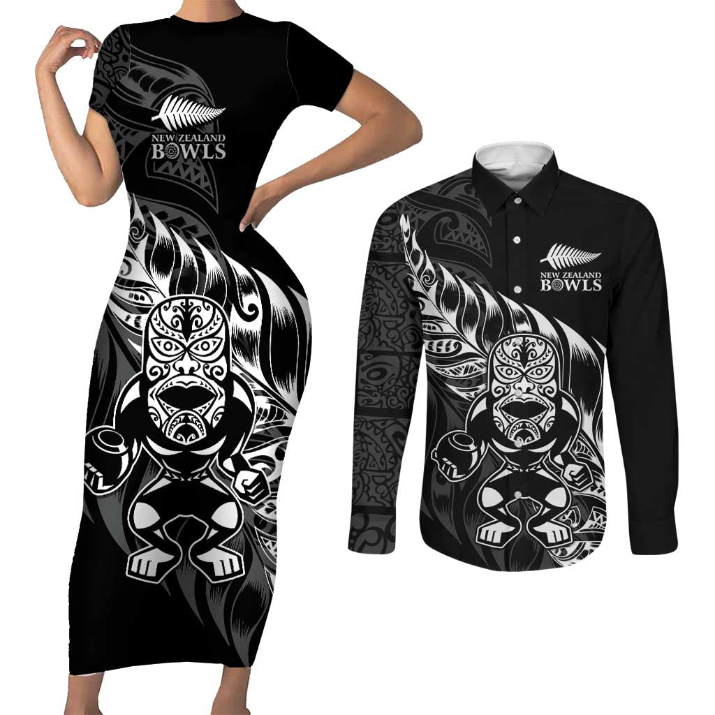 New Zealand Lawn Bowls Custom Couples Matching Short Sleeve Bodycon Dress and Long Sleeve Button Shirt Black Maori Warrior Tribal Silver Fern - Polynesian Pride