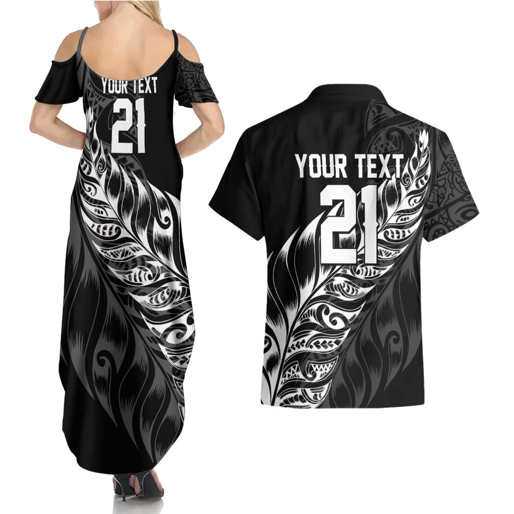 New Zealand Lawn Bowls Custom Couples Matching Summer Maxi Dress and Hawaiian Shirt Black Maori Warrior Tribal Silver Fern LT9 - Polynesian Pride