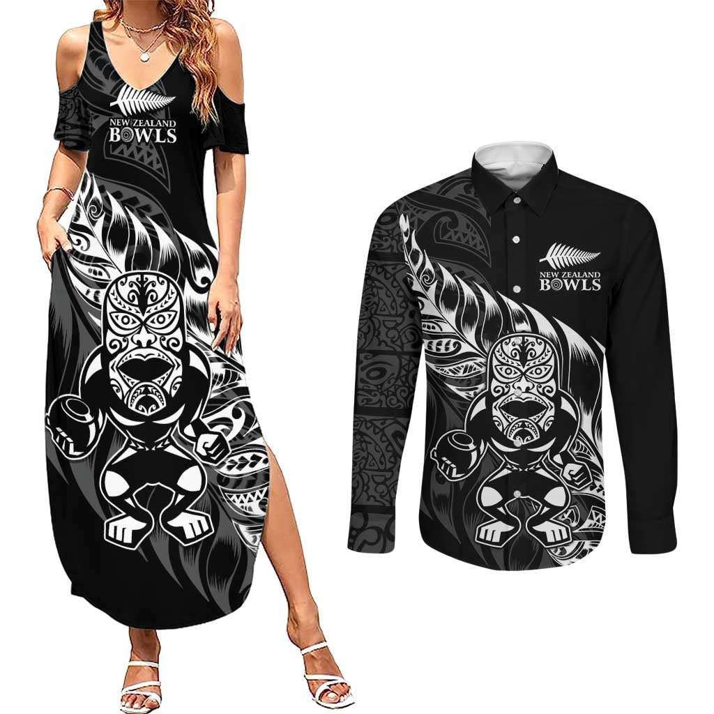New Zealand Lawn Bowls Custom Couples Matching Summer Maxi Dress and Long Sleeve Button Shirt Black Maori Warrior Tribal Silver Fern - Polynesian Pride