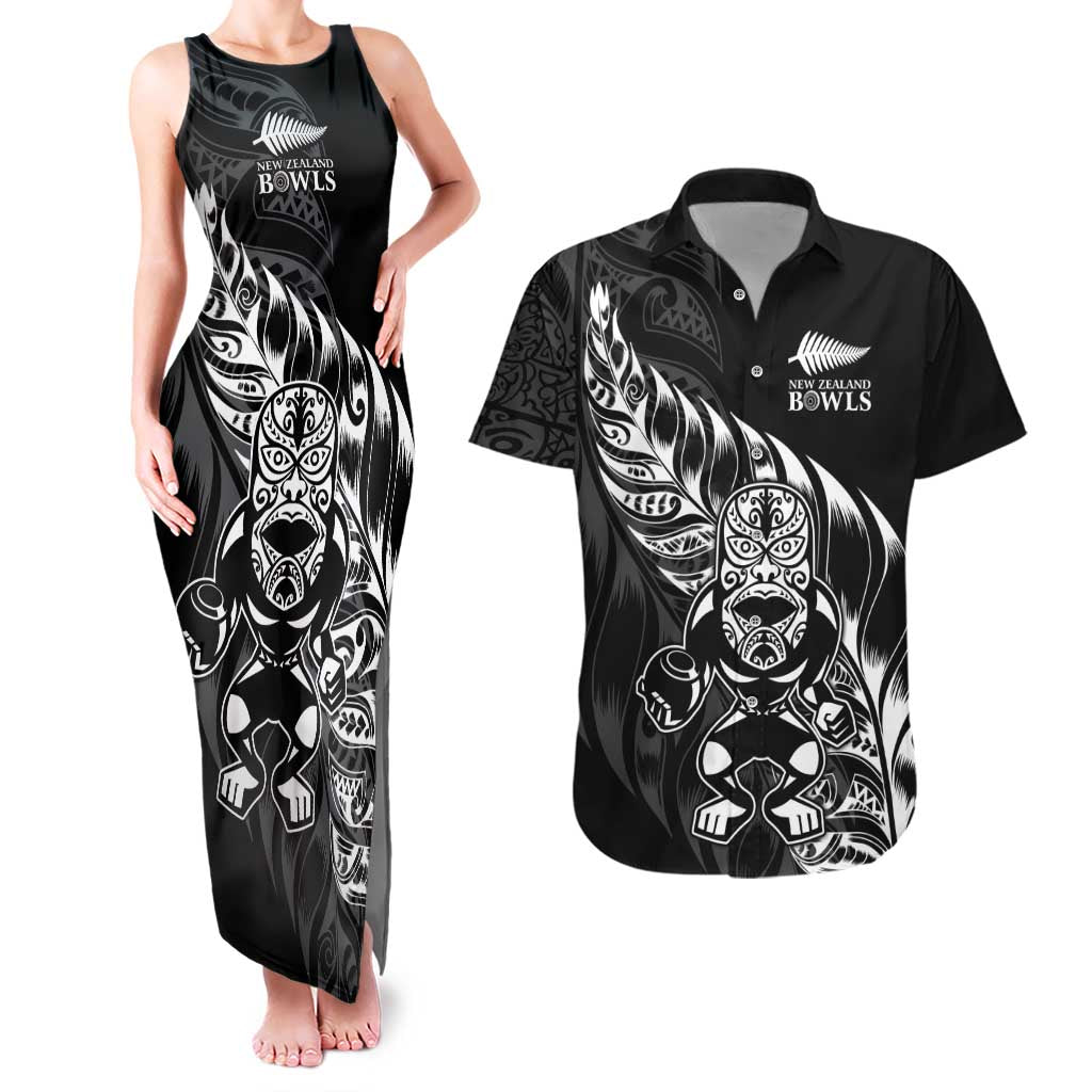 New Zealand Lawn Bowls Custom Couples Matching Tank Maxi Dress and Hawaiian Shirt Black Maori Warrior Tribal Silver Fern LT9 Black - Polynesian Pride