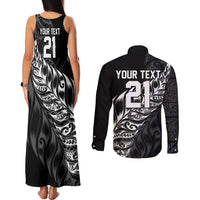 New Zealand Lawn Bowls Custom Couples Matching Tank Maxi Dress and Long Sleeve Button Shirt Black Maori Warrior Tribal Silver Fern LT9 - Polynesian Pride