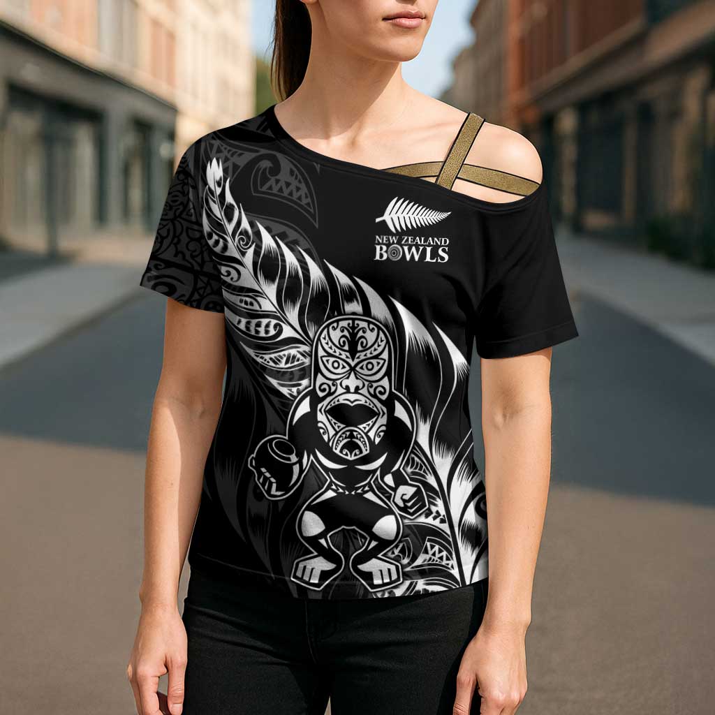 New Zealand Lawn Bowls Custom Cross Shoulder Shirt Black Maori Warrior Tribal Silver Fern LT9 - Polynesian Pride