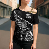 New Zealand Lawn Bowls Custom Cross Shoulder Shirt Black Maori Warrior Tribal Silver Fern LT9 - Polynesian Pride