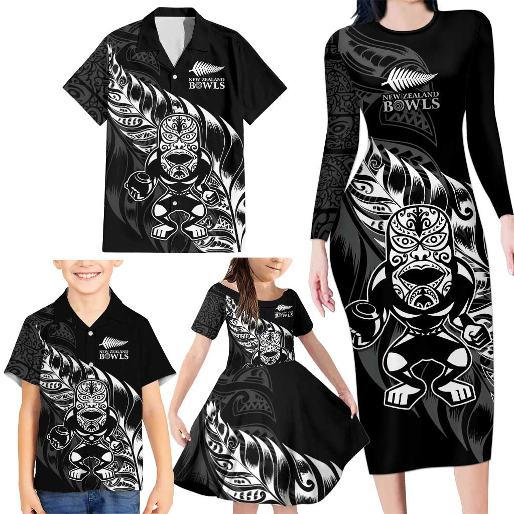 New Zealand Lawn Bowls Custom Family Matching Long Sleeve Bodycon Dress and Hawaiian Shirt Black Maori Warrior Tribal Silver Fern LT9 - Polynesian Pride