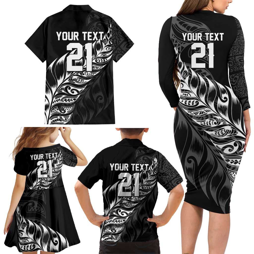New Zealand Lawn Bowls Custom Family Matching Long Sleeve Bodycon Dress and Hawaiian Shirt Black Maori Warrior Tribal Silver Fern LT9 - Polynesian Pride