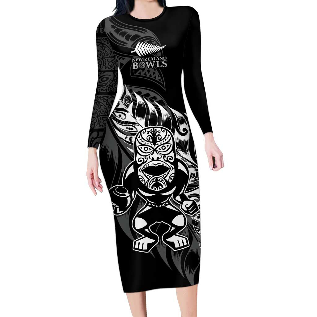 New Zealand Lawn Bowls Custom Family Matching Long Sleeve Bodycon Dress and Hawaiian Shirt Black Maori Warrior Tribal Silver Fern LT9 Mom's Dress Black - Polynesian Pride