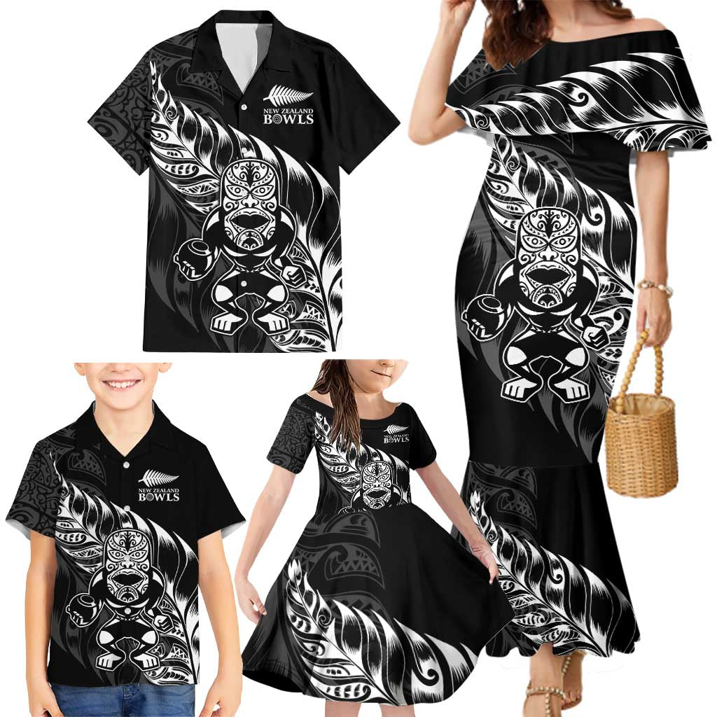 New Zealand Lawn Bowls Custom Family Matching Mermaid Dress and Hawaiian Shirt Black Maori Warrior Tribal Silver Fern LT9 - Polynesian Pride